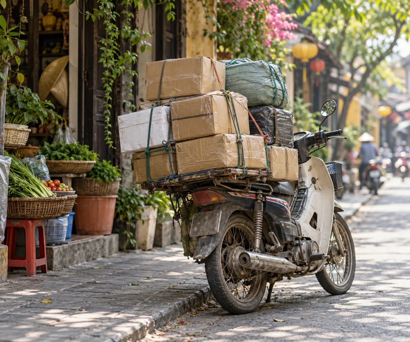 Chiếc xe máy chở đầy thùng hàng trên baga