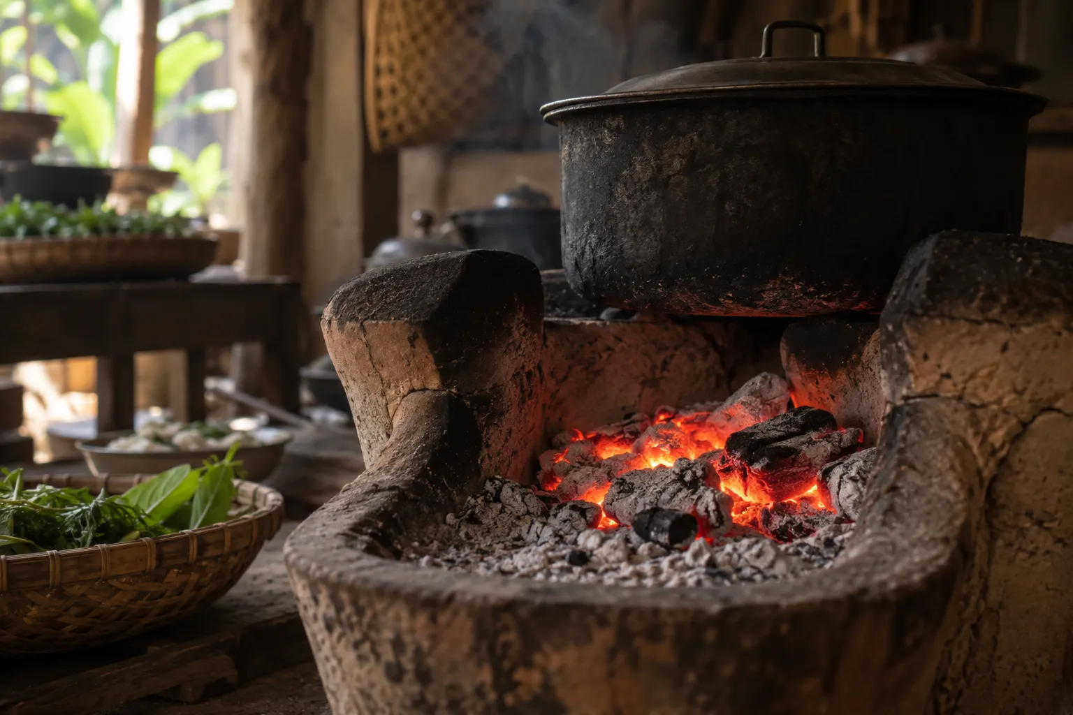 Hòn than hồng vùi trong tro ở bếp lò đất