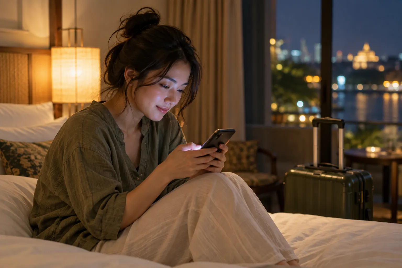 Người viết vài dòng trên điện thoại trong phòng khách sạn