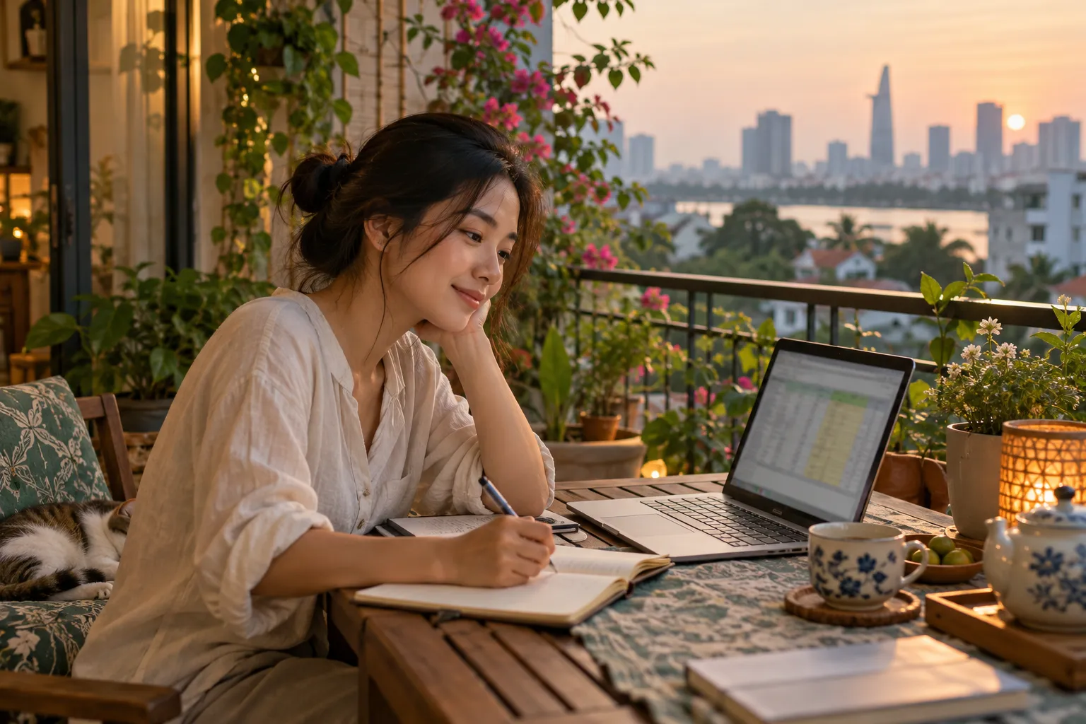 Bàn ở ban công tối Chủ nhật với sổ, máy tính và ly trà
