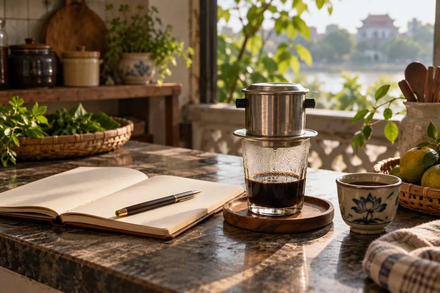 Cuốn sổ và cây bút để sẵn cạnh máy pha cà phê