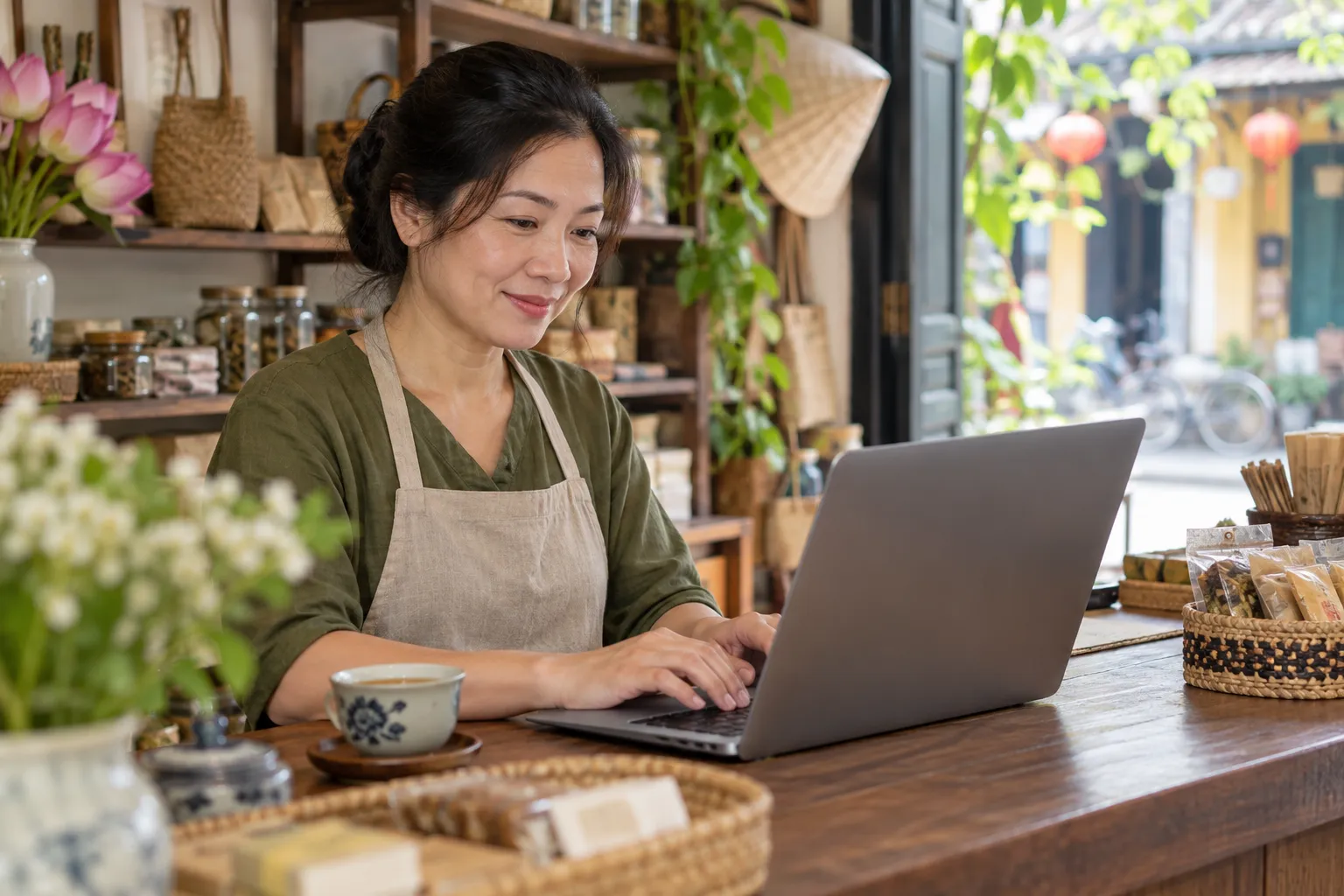 Chủ tiệm bình tĩnh gõ trả lời trên máy tính sau quầy