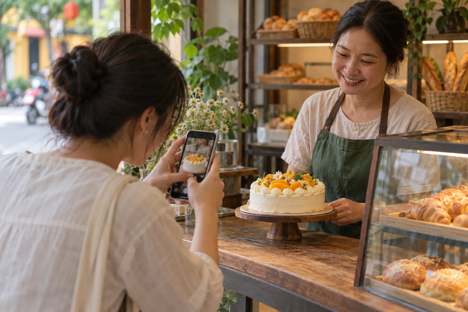 Khách chụp ảnh chiếc bánh vừa mua ở quầy tiệm bánh nhỏ