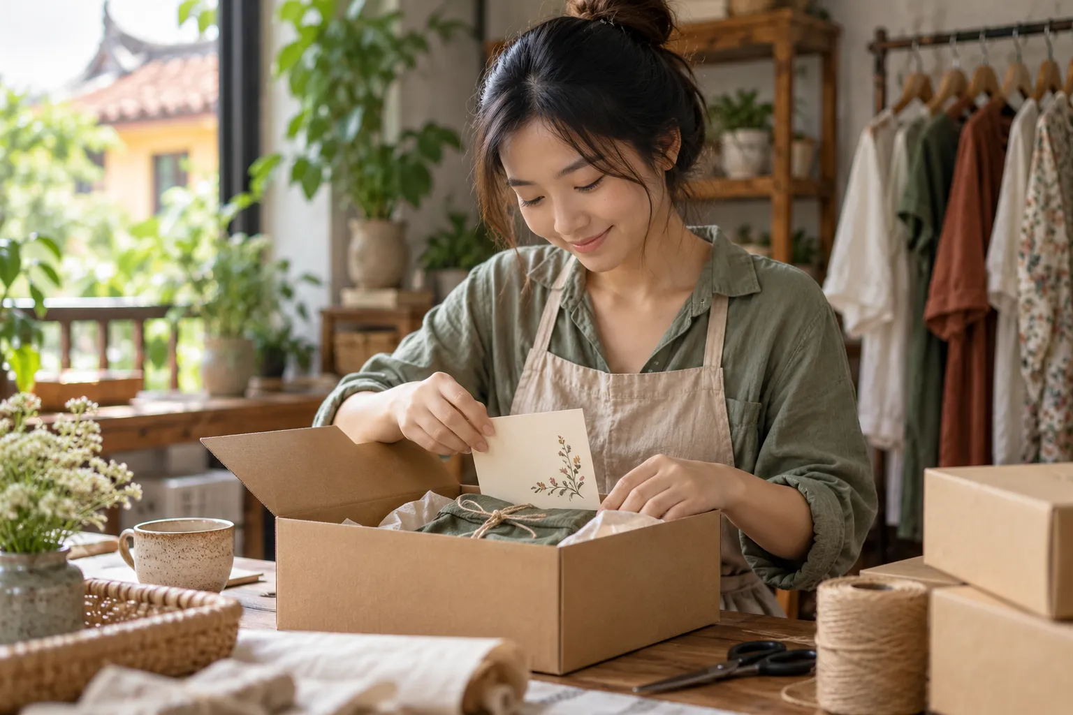 Chủ shop đóng gói đơn hàng kèm tấm thiệp cảm ơn viết tay