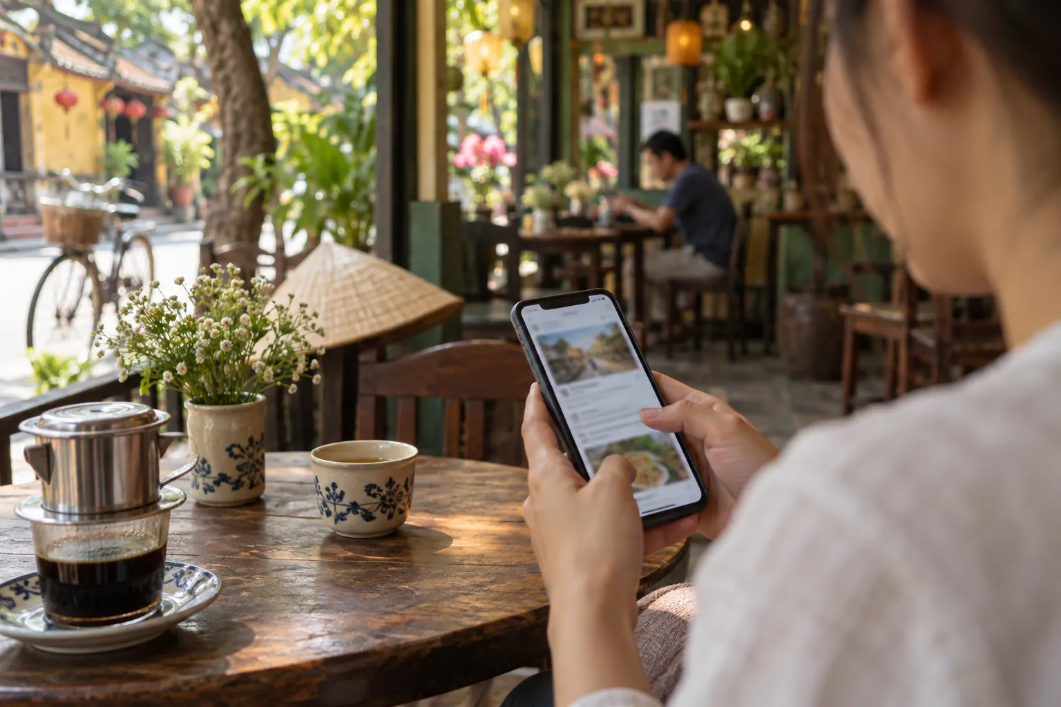 Bàn tay cầm điện thoại lướt một bài viết ngắn trong quán cà phê