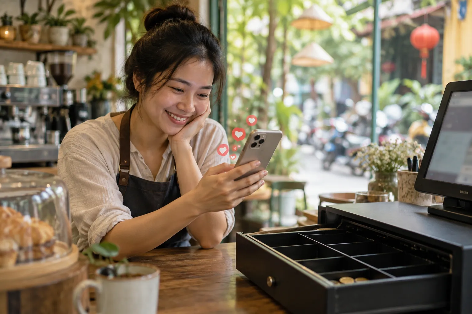 Chủ tiệm nhìn điện thoại đầy lượt thích bên ngăn kéo tiền