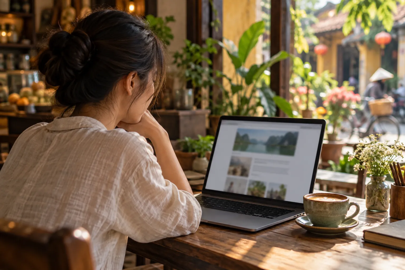 Người đọc bản tin email trên máy tính buổi sáng