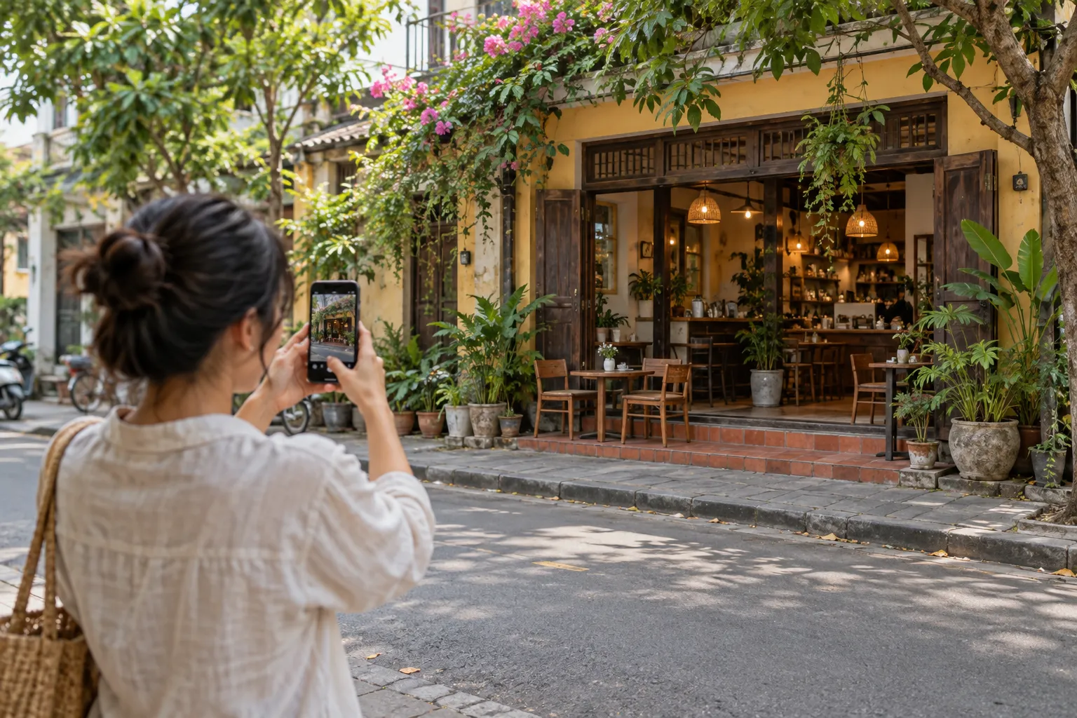 Chủ quán dùng điện thoại chụp mặt tiền quán cà phê