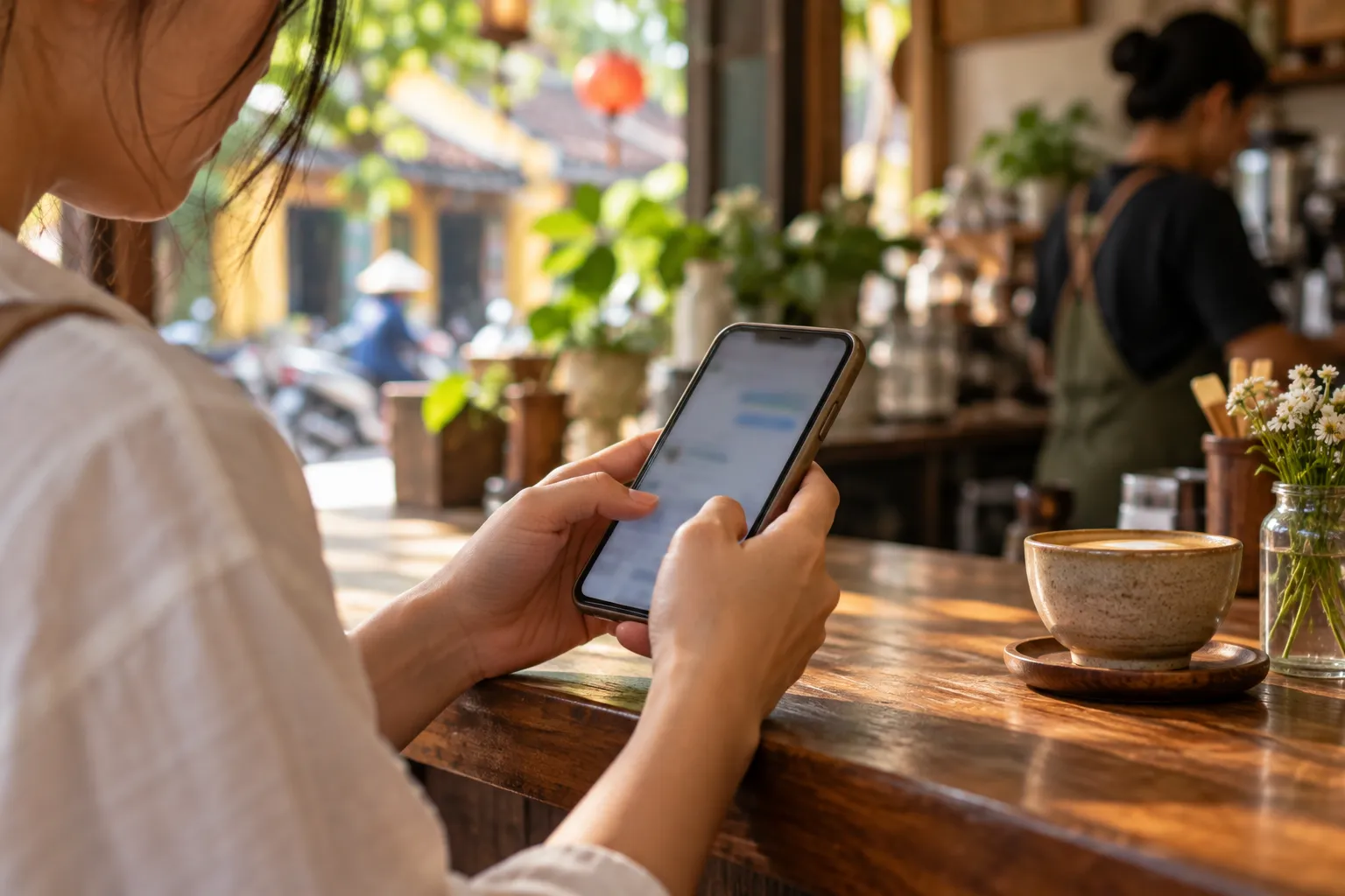 Bàn tay gõ trả lời đánh giá trên điện thoại ở quầy quán