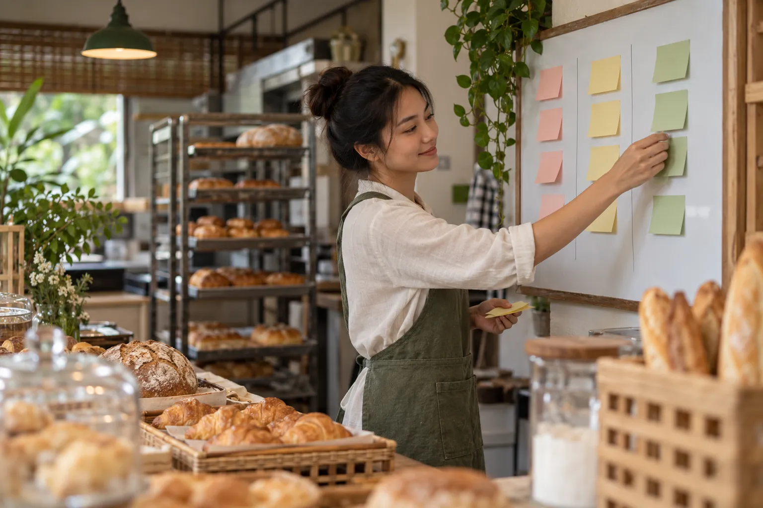 Chủ tiệm bánh dán giấy nhớ kế hoạch lên bảng ba cột