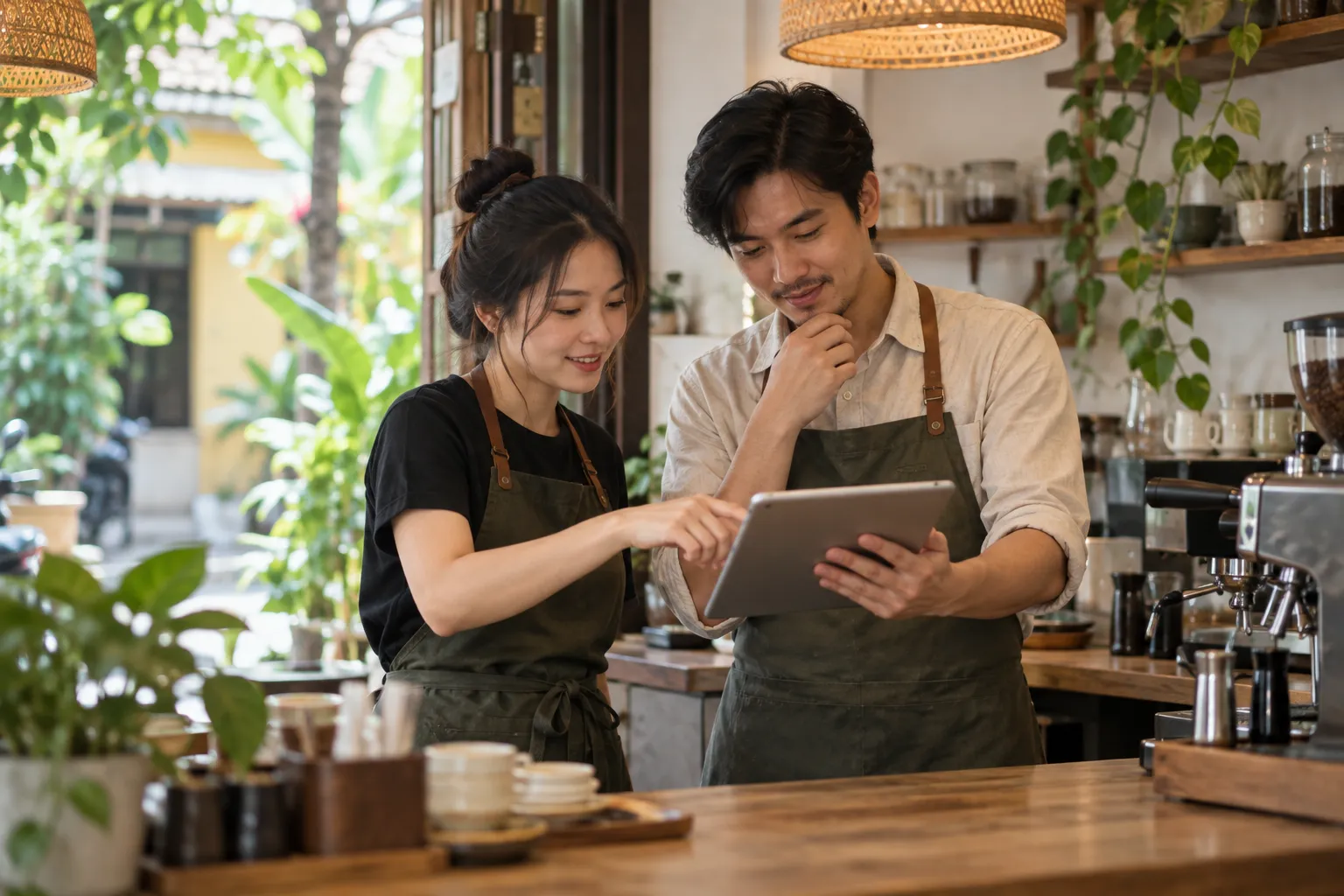 Hai người họp nhanh ở quầy quán trước giờ mở cửa