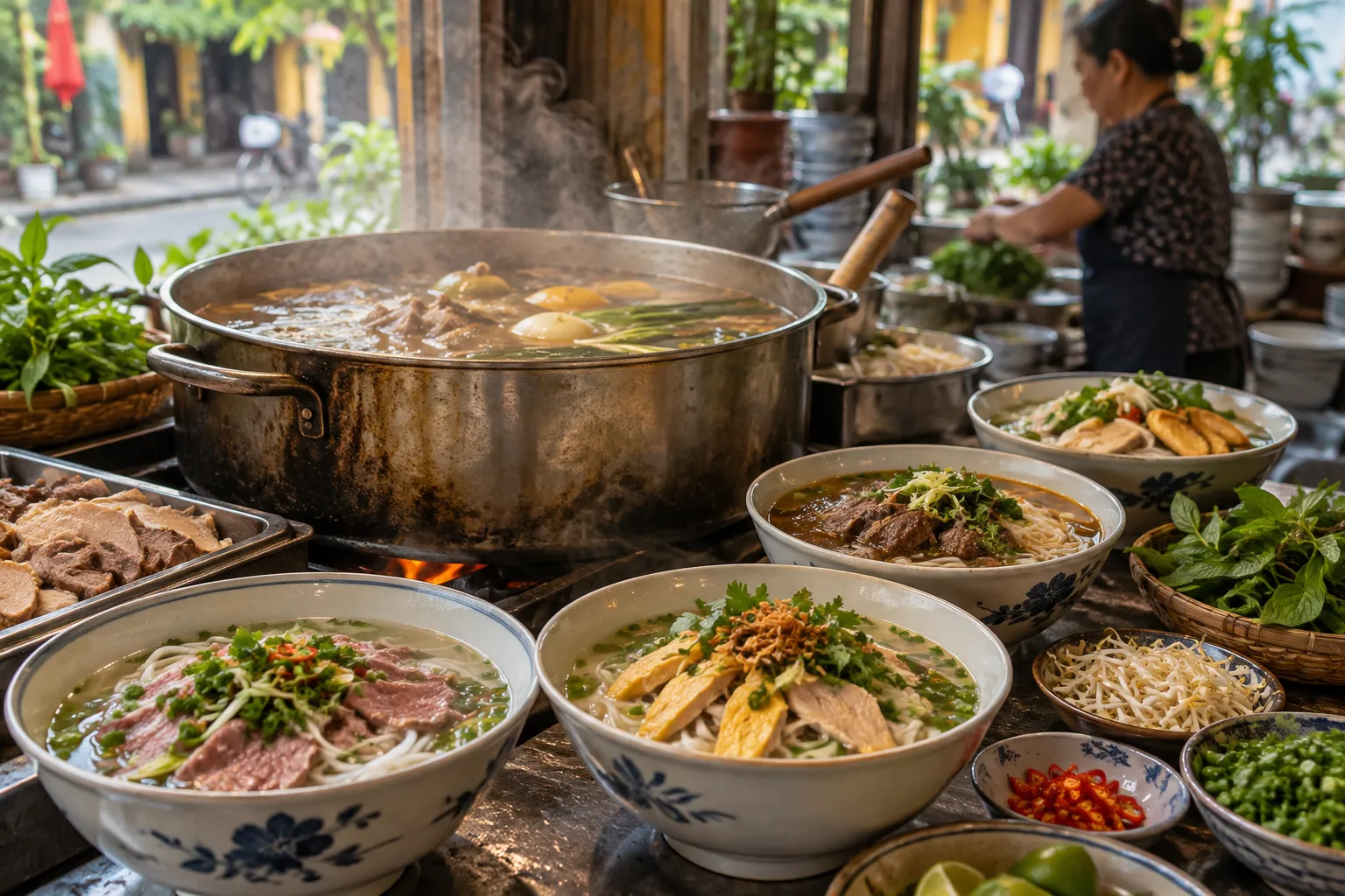 Nồi nước dùng lớn trên bếp cạnh nhiều tô món khác nhau