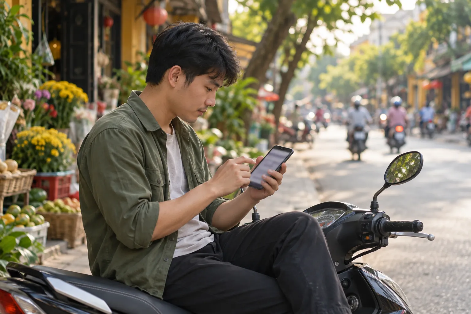 Người ngồi trên xe máy tìm kiếm trên điện thoại