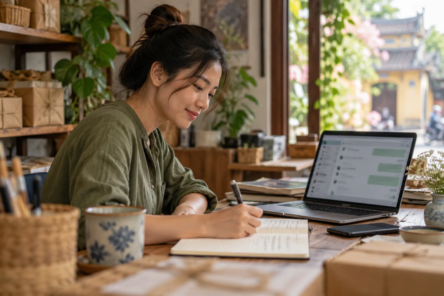 Sổ ghi chép tay cạnh máy tính đang mở cửa sổ trò chuyện AI