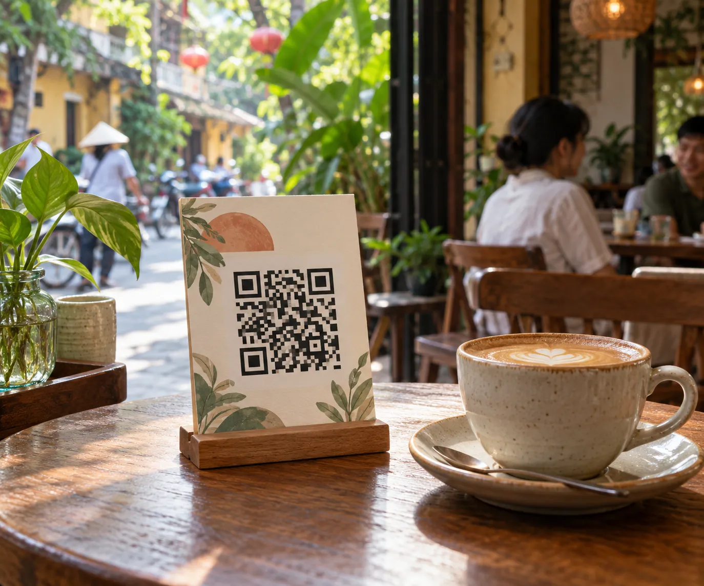 Tấm mã QR đặt trên bàn quán cạnh ly cà phê