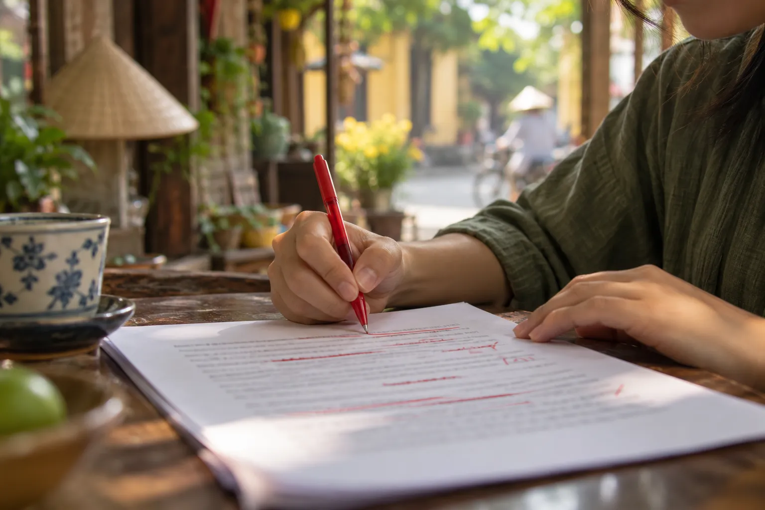 Trang giấy in có vài dòng bị gạch và sửa bằng bút đỏ