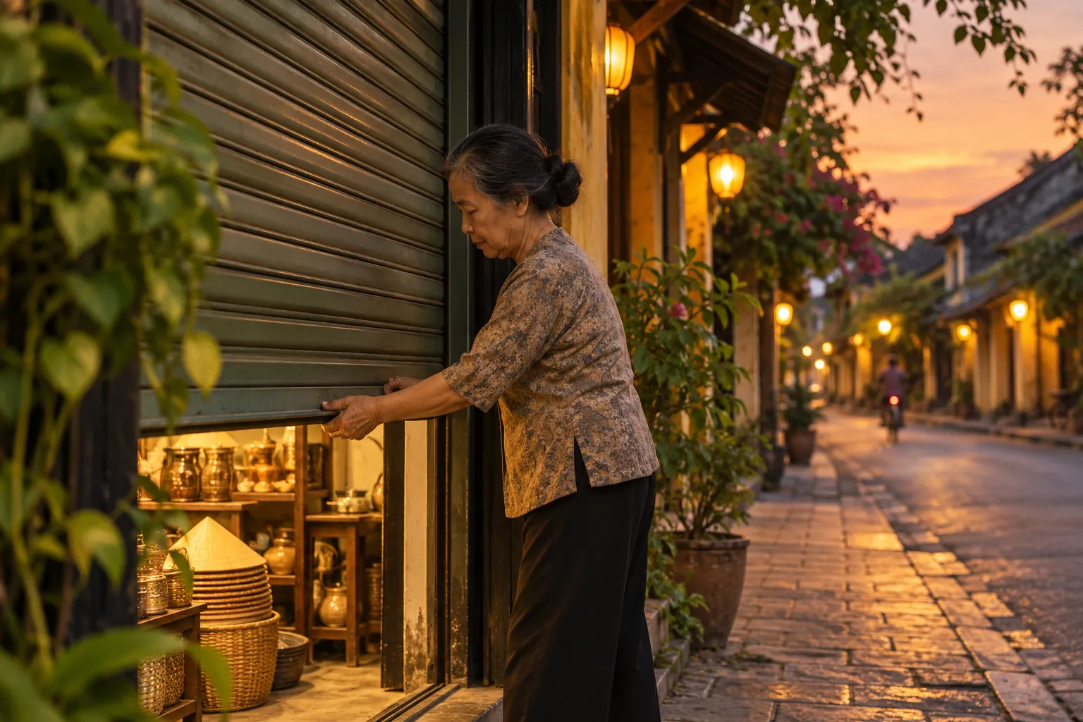Chủ tiệm kéo cửa cuốn lúc chạng vạng