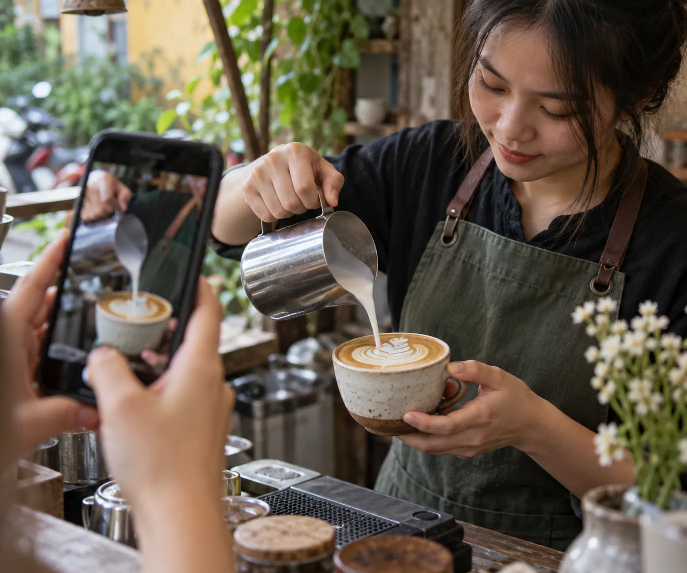 Bàn tay cầm điện thoại quay pha chế ở quán cà phê