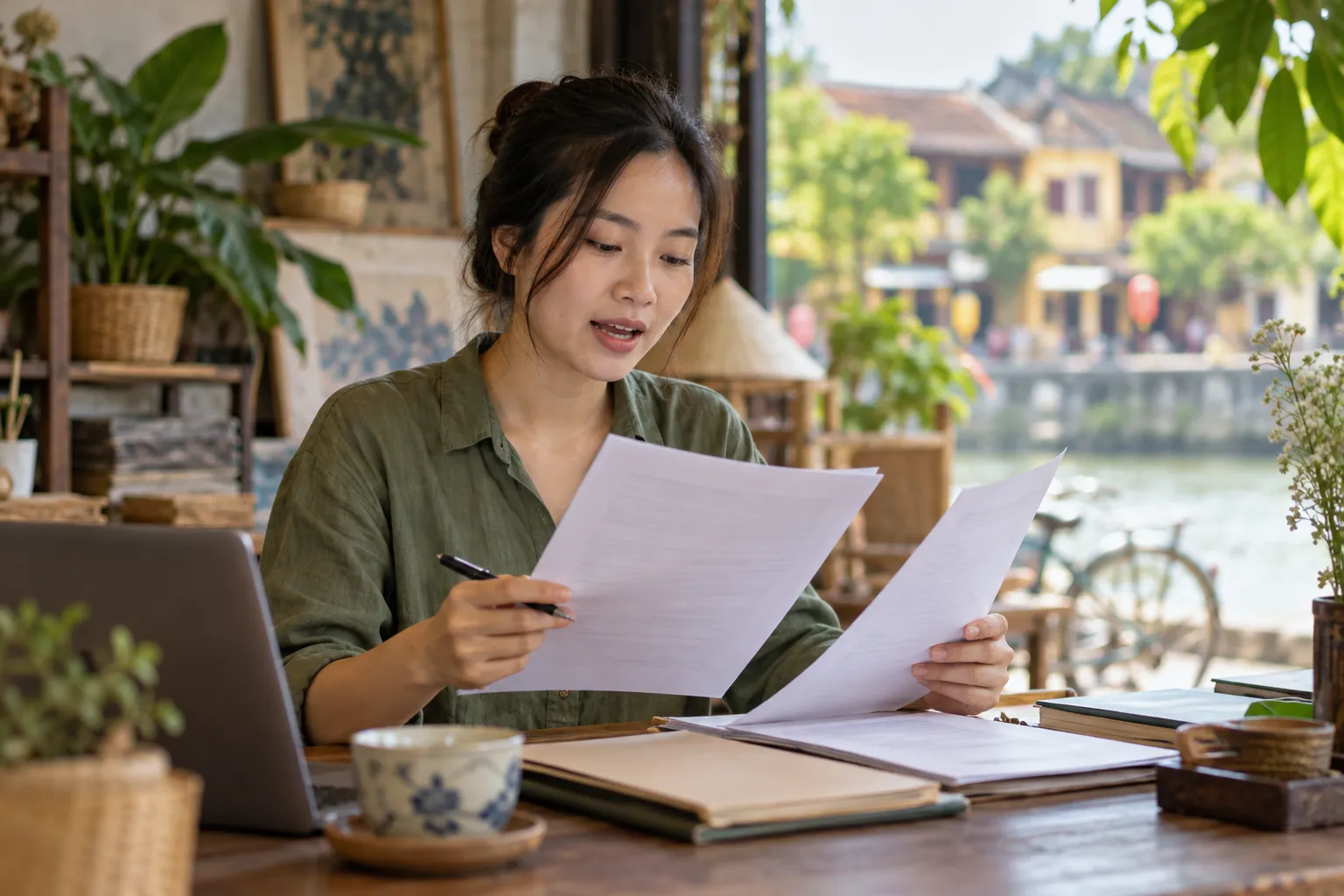 Người đọc to bản nháp, cầm trang đầu và trang cuối