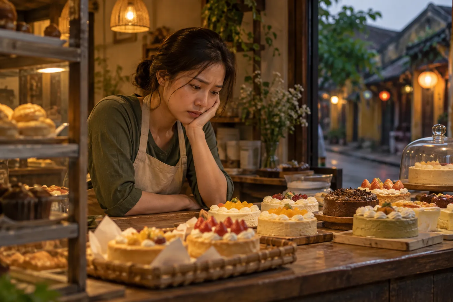 Chủ tiệm bánh lo lắng nhìn mẻ bánh chưa bán được