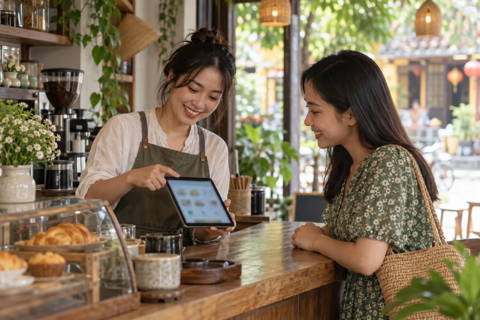 Chủ quán cà phê bên quầy với máy bán hàng
