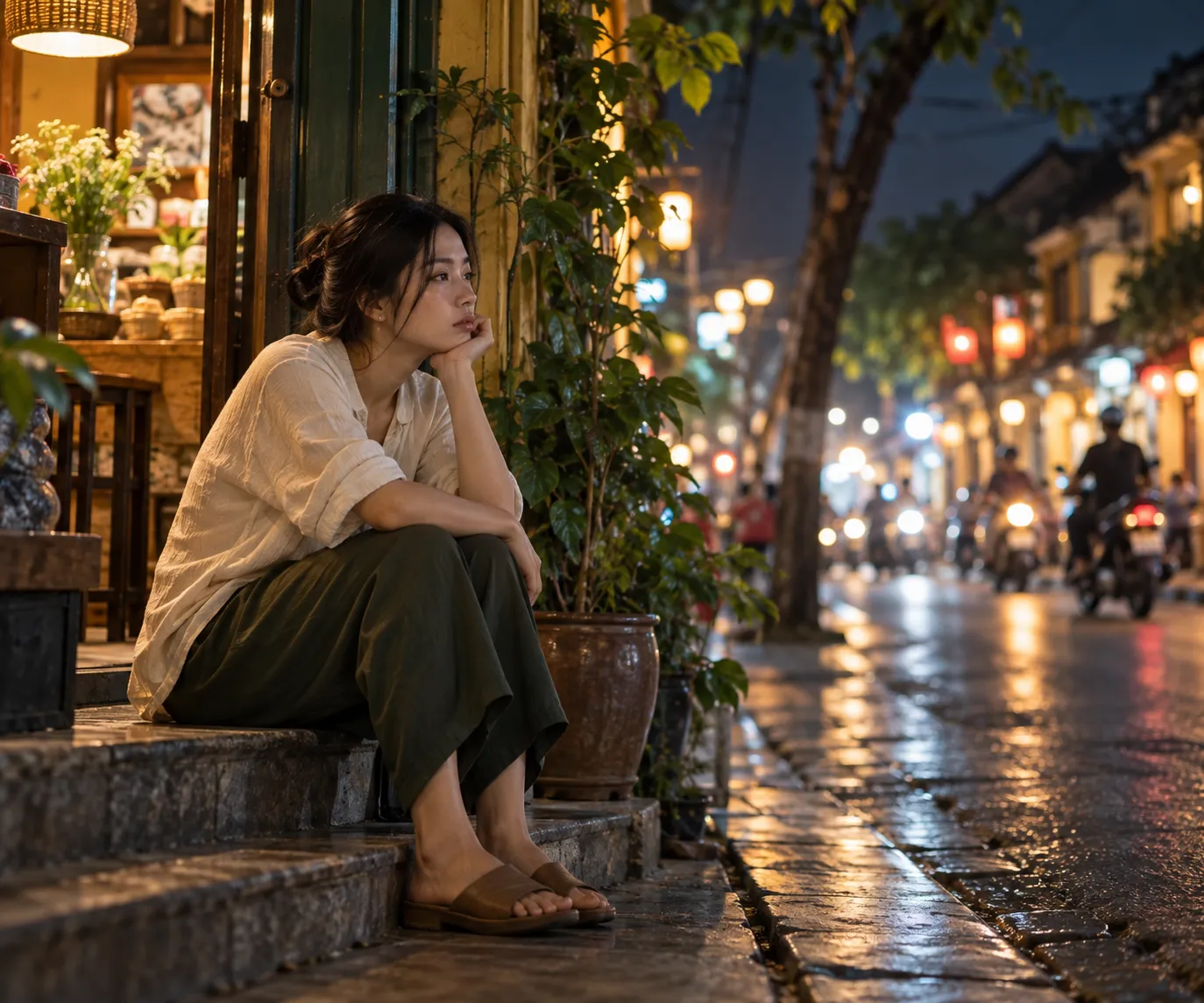 Người ngồi một mình trên bậc thềm cửa tiệm lúc đêm