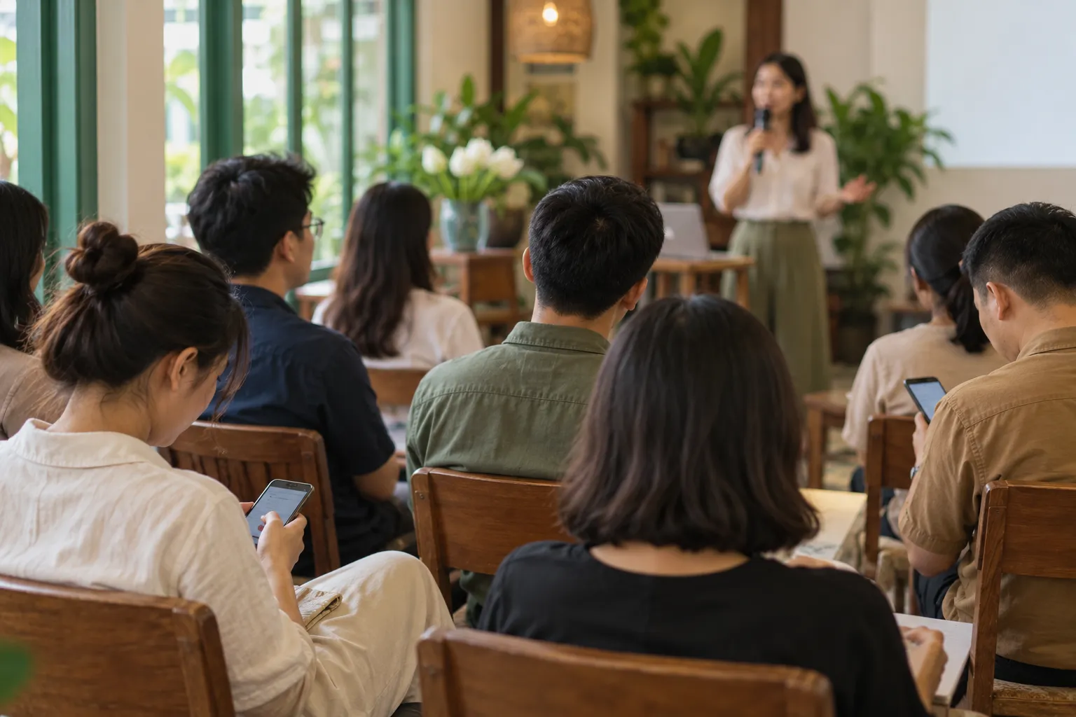 Khán giả trong phòng họp nhỏ, vài người cúi xem điện thoại