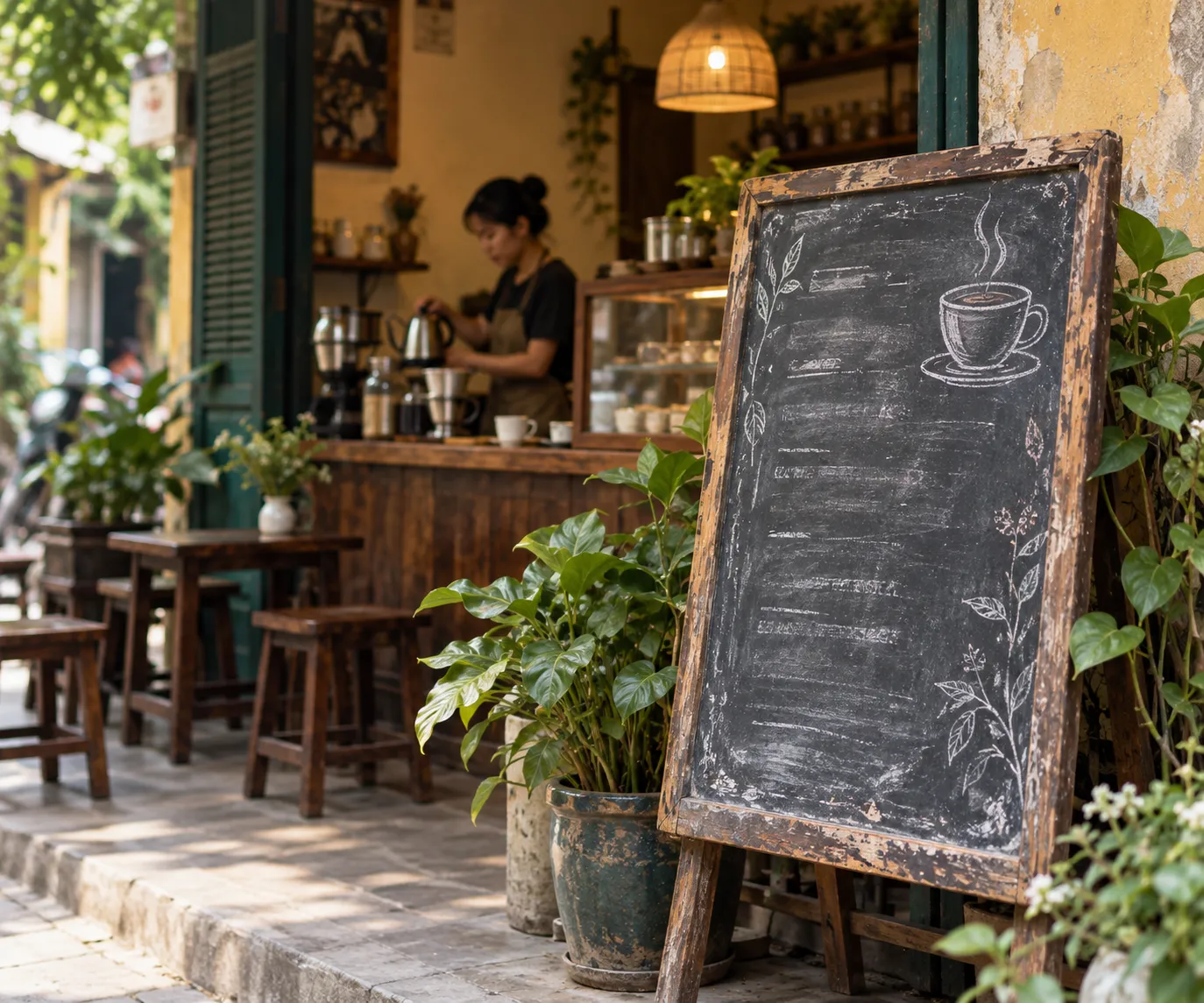 Tấm bảng menu phấn đã mòn ở quán cà phê nhỏ