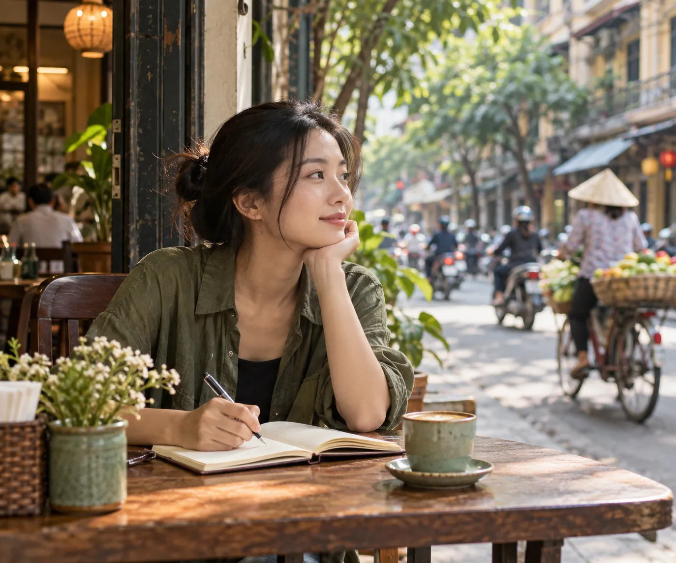 Cuốn sổ bỏ túi và cây bút trên bàn quán