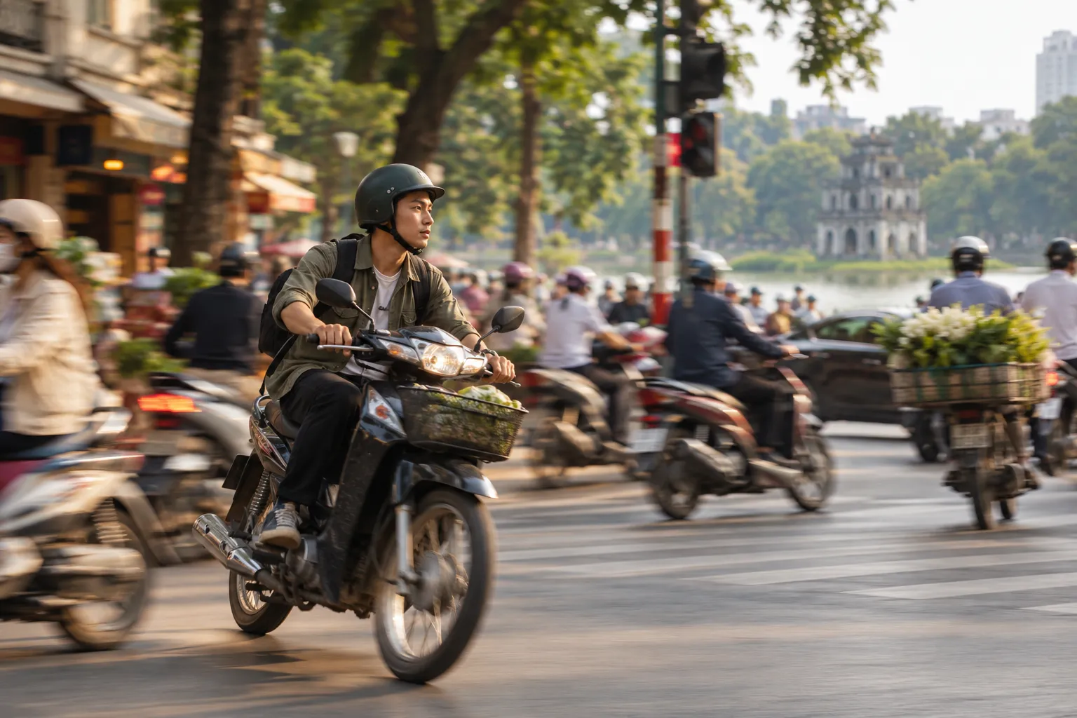 Xe máy lúc chậm lúc nhanh ở ngã tư đông đúc