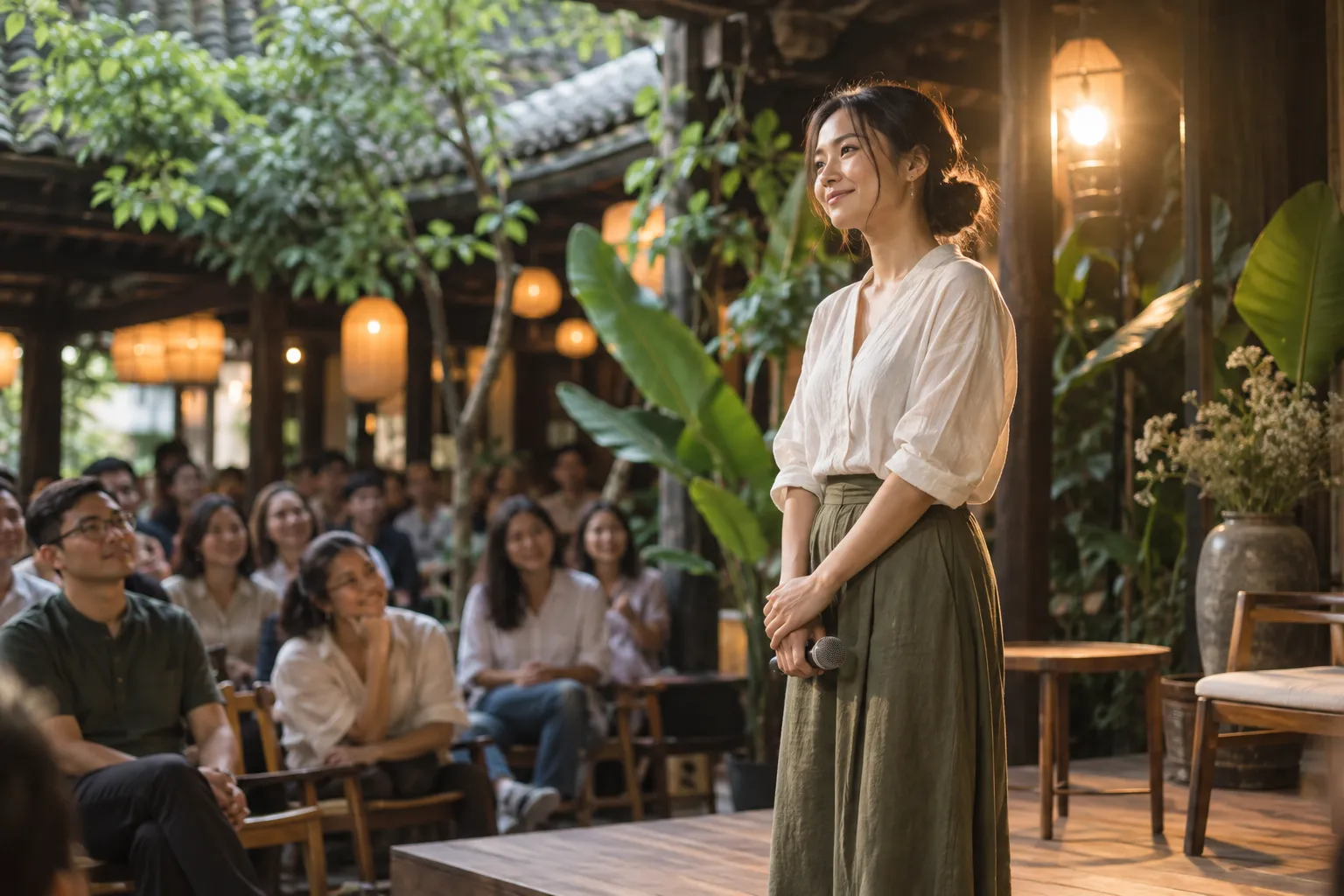 Người nói dừng lại trên sân khấu, micro hạ xuống