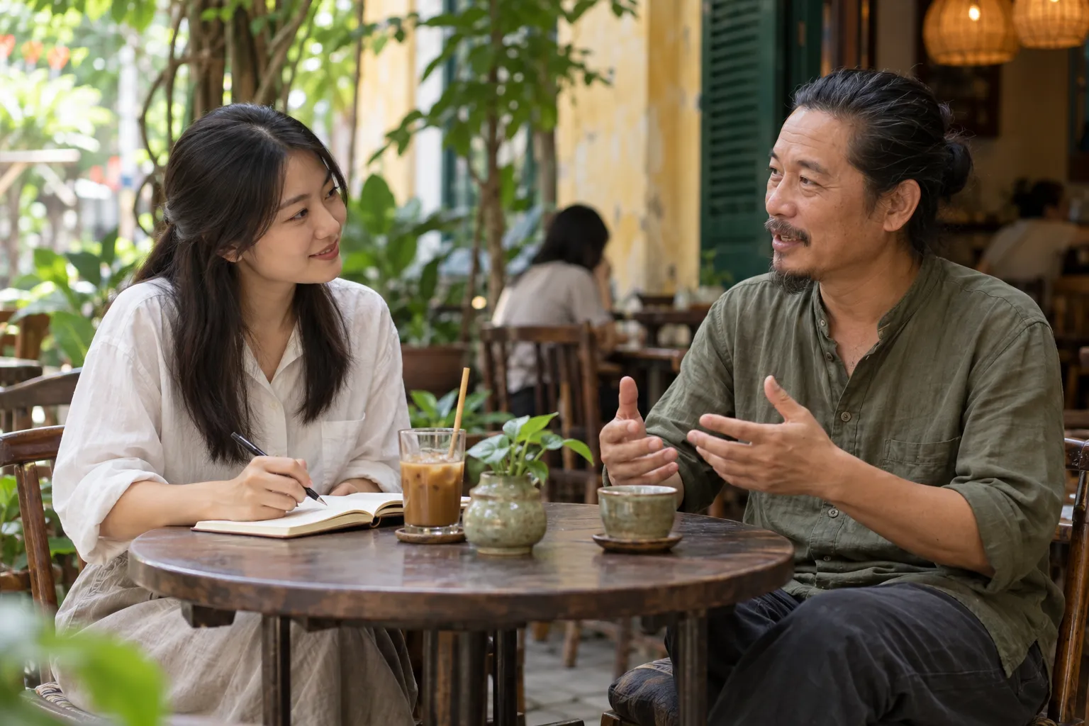 Hai người trò chuyện ở bàn quán, một người ghi chép
