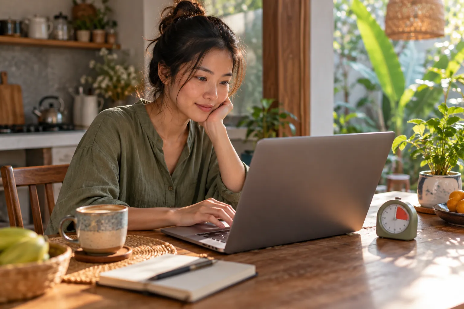 Người viết bản nháp trên máy tính ở bàn bếp buổi sáng