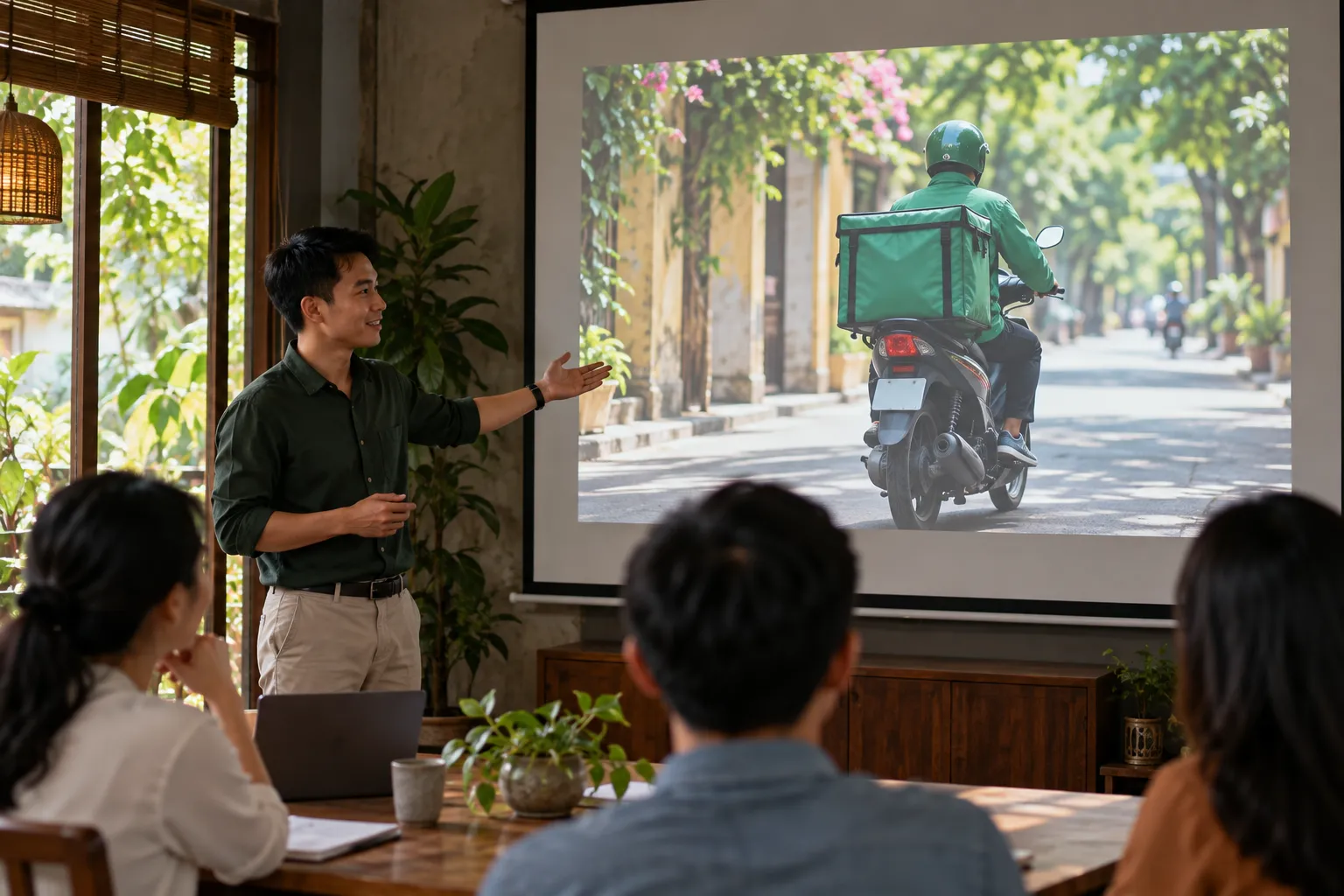 Màn chiếu chỉ có một hình ảnh lớn, người thuyết trình đứng cạnh